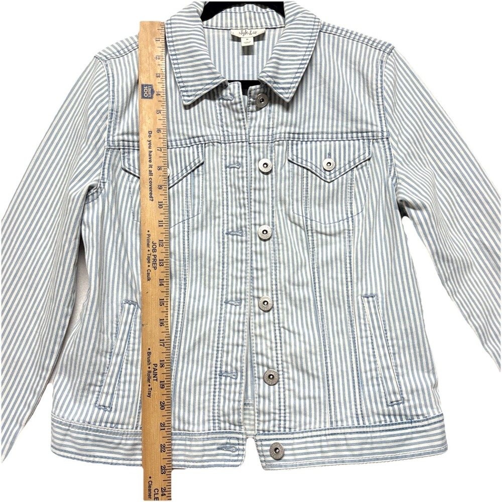 Style & Co Railroad Stripe Denim Jacket Womens Retro Blue White Retro Coat Sz M - Picture 8 of 10